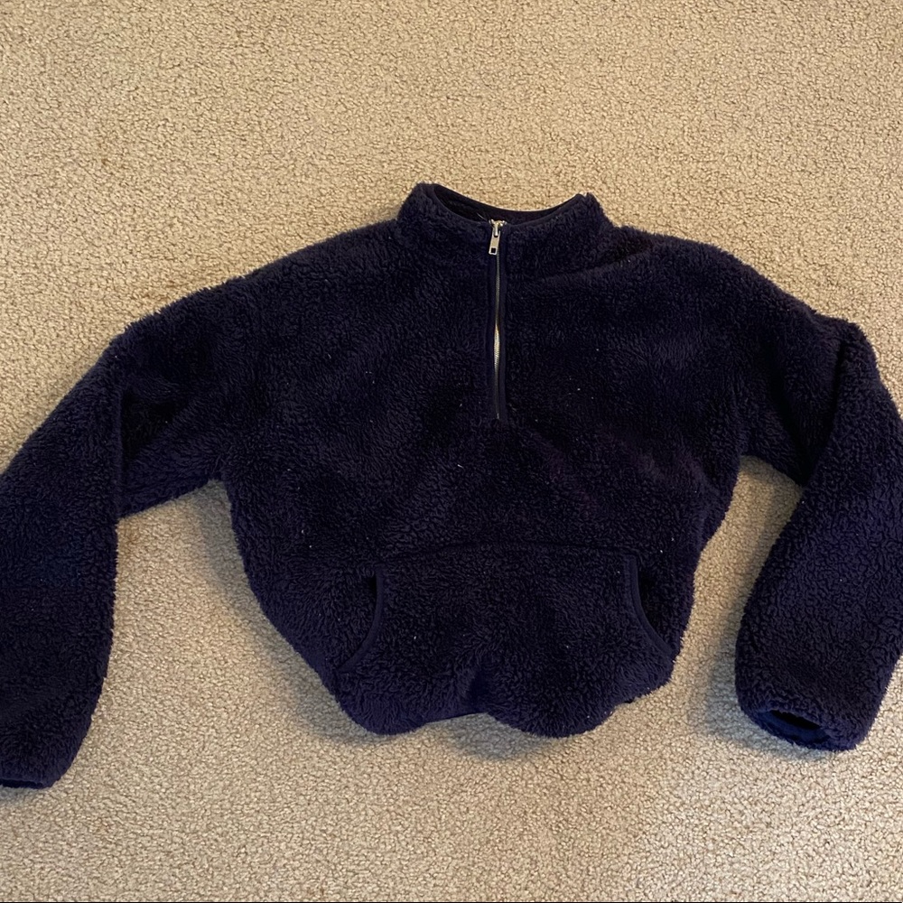 Cropped fur quarter zip sweater